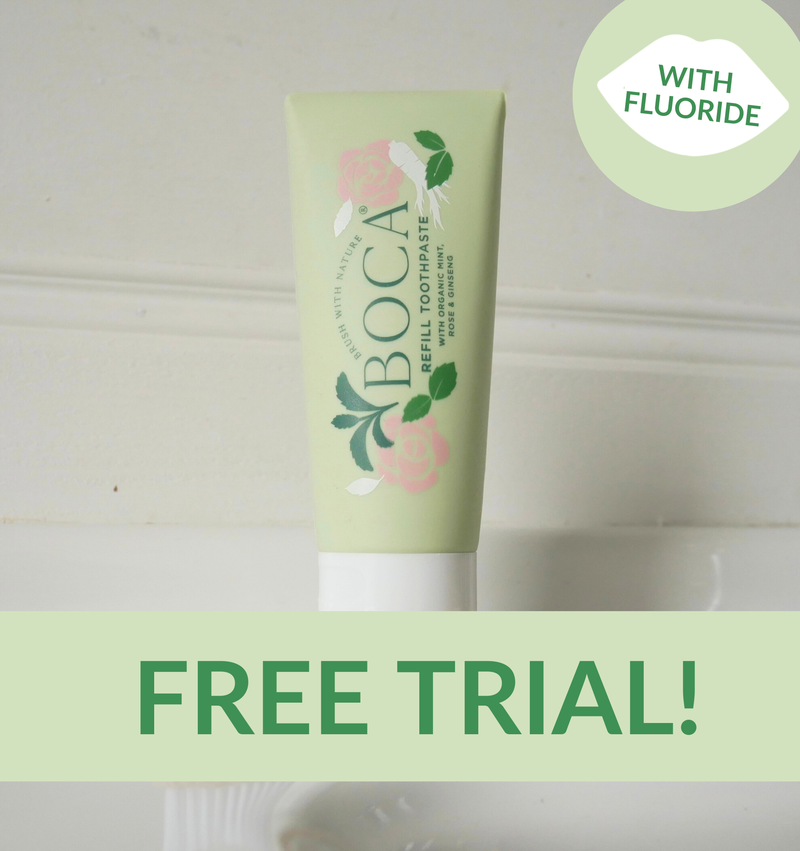 Tube of Boca toothpaste with a free trial offer on a neutral background